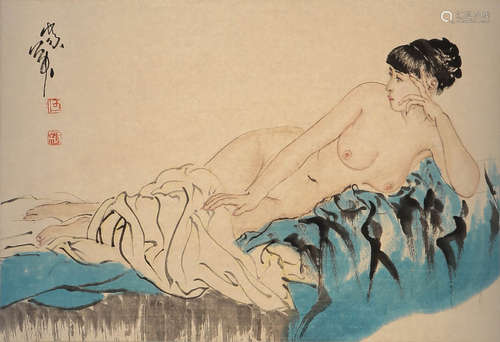 A Chinese Bare Lady Painting Scroll, He Jaiying Mark