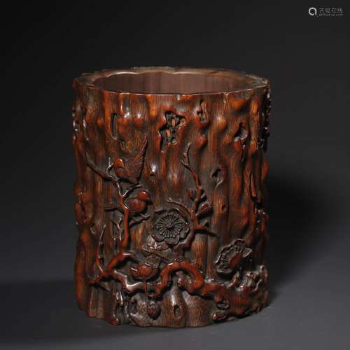 A Plum Blossom&magpie Carved Bamboo Brush Pot