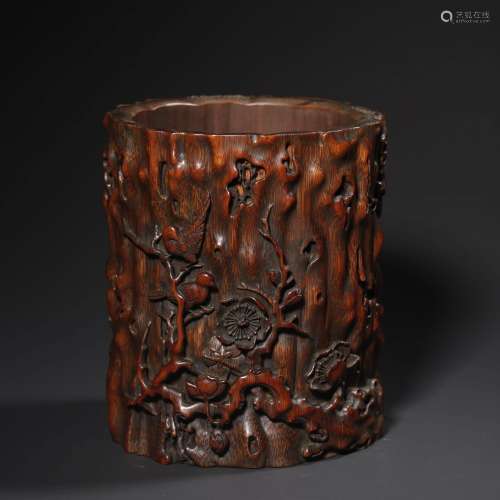 A Plum Blossom&magpie Carved Bamboo Brush Pot