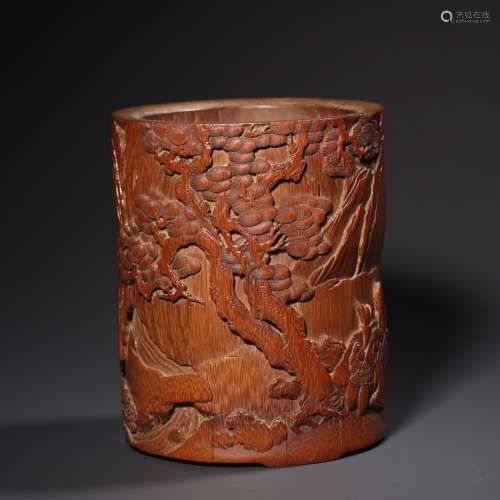 A Pine Tree&Figure Carved Bamboo Brush Pot