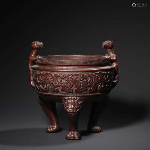 A Taotie Pattern Bamboo Carved Double Dragon Ears Three-legged Incense Burner