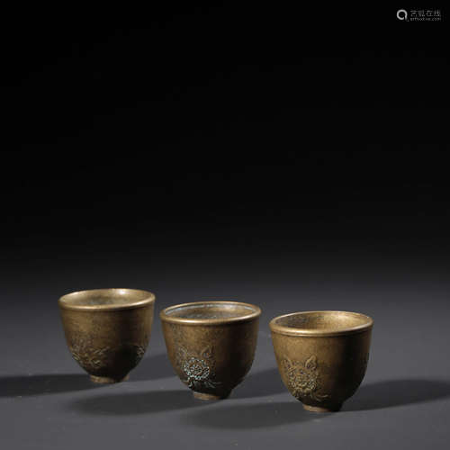 3 Pieces Eight Treasures Pattern Bronze Consecrate Cups