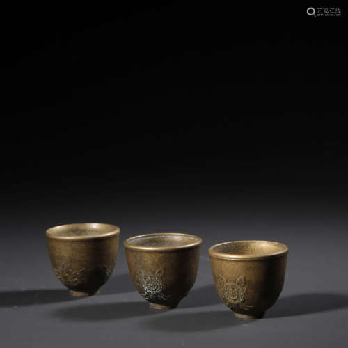 3 Pieces Eight Treasures Pattern Bronze Consecrate Cups