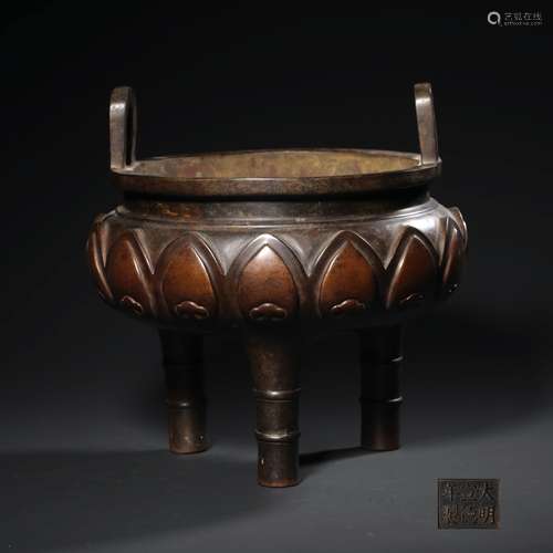 A Lotus Pattern Double Ears Bronze Three-legged Incense Burner