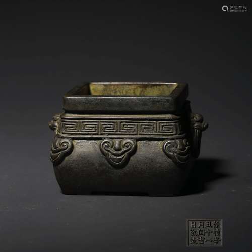 A Double Lion Ears Bronze Ruyi Pattern Square Incense Burner