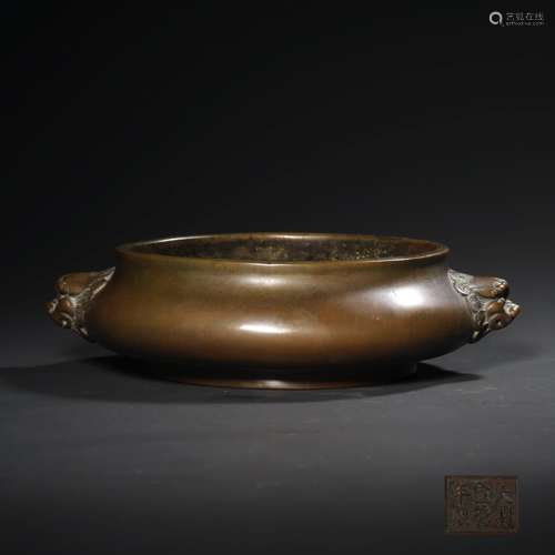 A Double Lion Ears Bronze Incense Burner, Xuande Mark