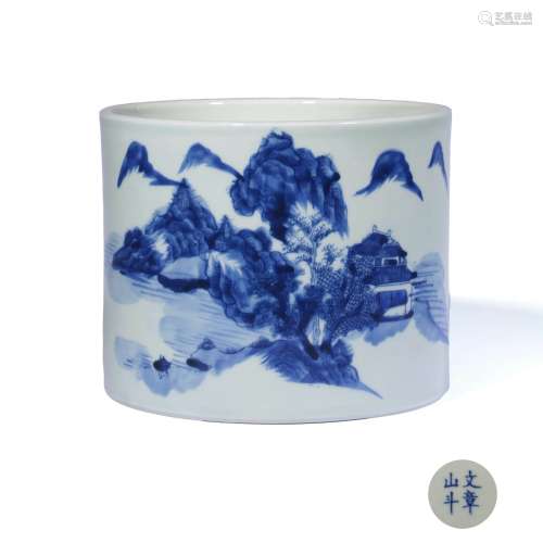 A Blue and White Landscape Pattern Porcelain Inscribed Brush Pot
