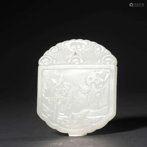 A  Longevity Gold Carved White Jade Pendant