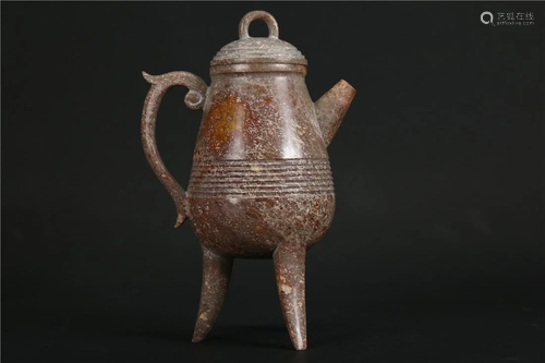 A HETIAN JADE TRIPOD PITCHER POT WITH LID