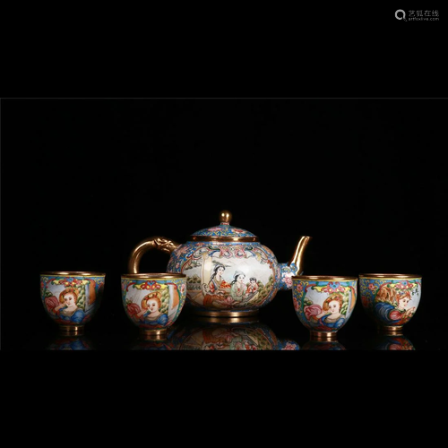 A SET OF ENAMEL TEA POT AND CUPS