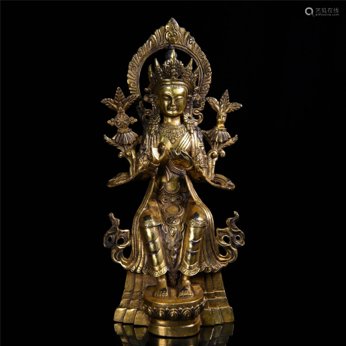 A GILT BRONZE GUAN YIN STATUE