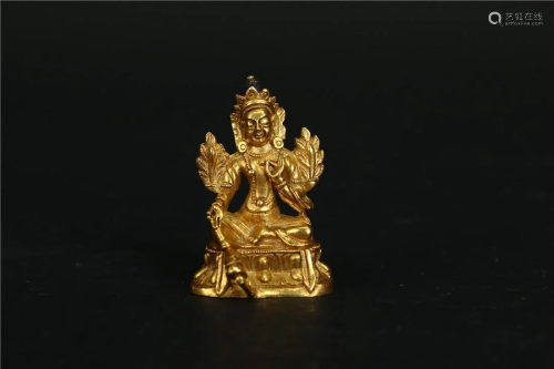 A GILT BRONZE GREEN TARA BUDDHA STATUE