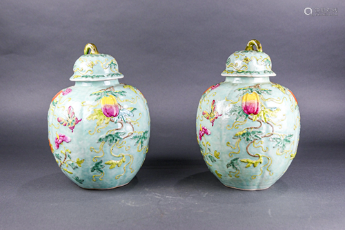 A pair of Chinese Famille Rose turquoise ground jars