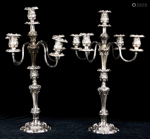 A massive pair European silver plated five light