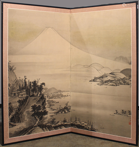 Japanese Mt Fuji screen, after Soga Shochaku