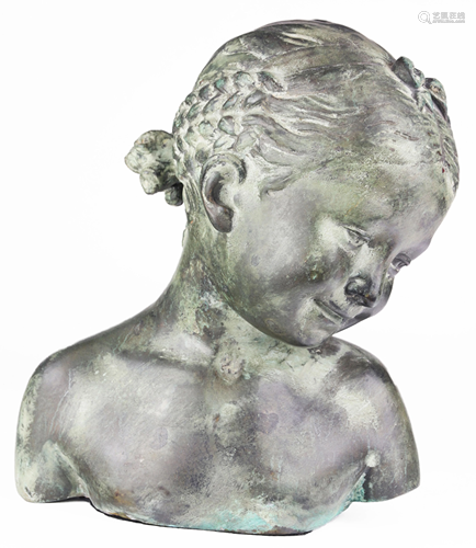 A patinated metal sculpture of a girl