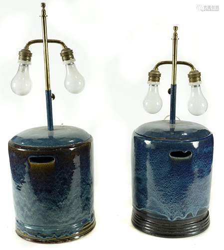 Pair of Japanese stoneware hibachi, converted to lamps