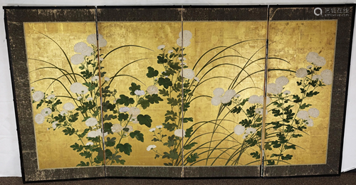 A Japanese chrysathemum four panel screen