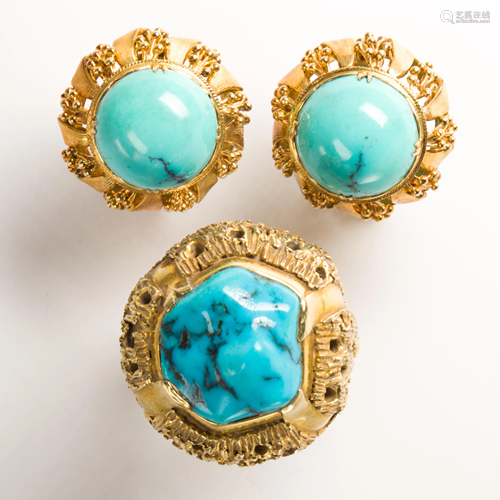 A group of turquoise and fourteen karat gold jewelry