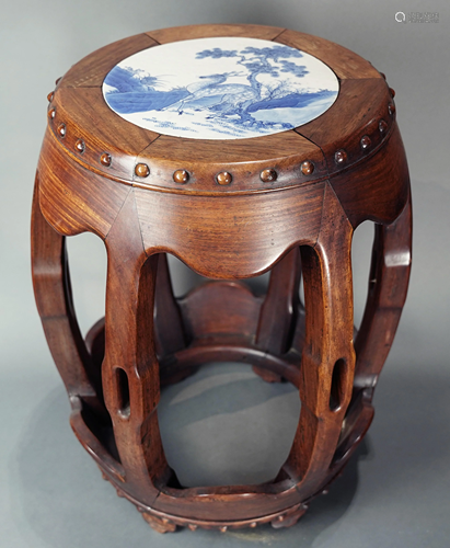 A Chinese porcelain lined rosewood stool