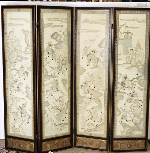 A Chinese four panel kesi silk embroidery screen