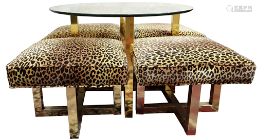 A Modern faux leopard and brass cocktail table and (4)