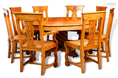 (lot of 9) A Hawaiian Koa wood table with (8) chairs,