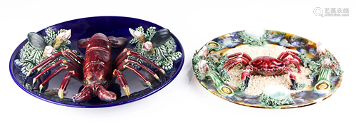 A majolica Palissy style lobster and crab plate group