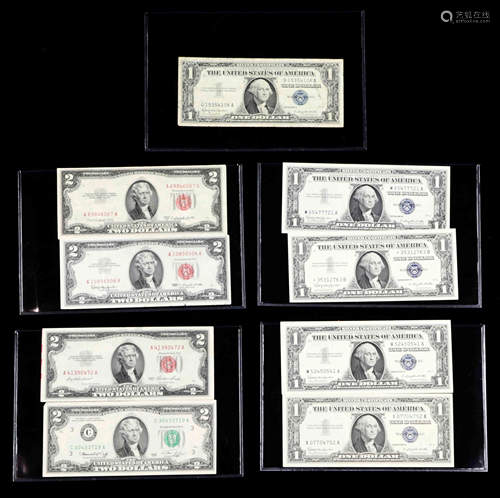 A collection of United States bank notes and silver