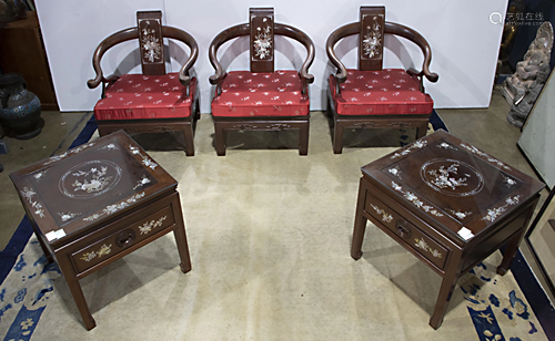 (lot of 6) Chinese mop rosewood sofa, (3) horseshoe