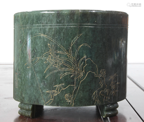 An Chinese Inscribed Spinach Jade Brushpot