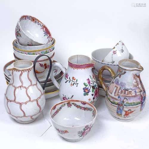 3 Chinese porcelain jugs with painted decoration, tallest 11cm, Chinese tea bowls and saucers etc