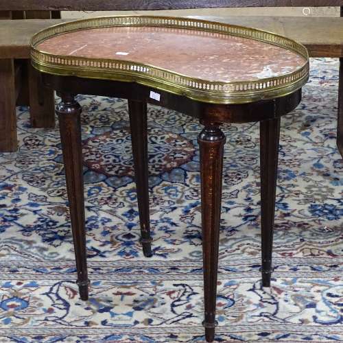 A Continental walnut and marble-top kidney-shape side table, with pierced brass gallery, W53cm,