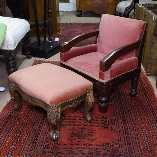 An Antique mahogany and upholstered doll's chair, and a carved stained beech upholstered