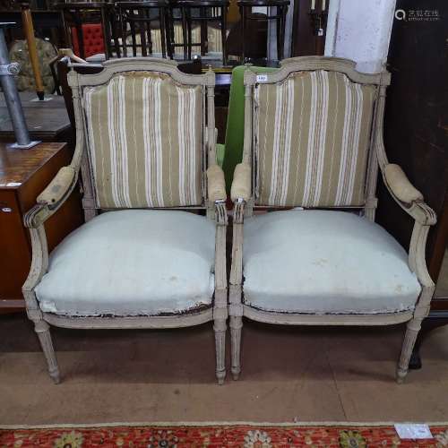 A pair of Antique French painted open armchairs