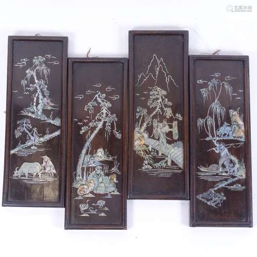 A set of 4 mother-of-pearl inlaid Oriental hardwood panels, 27cm x 10cm (4)