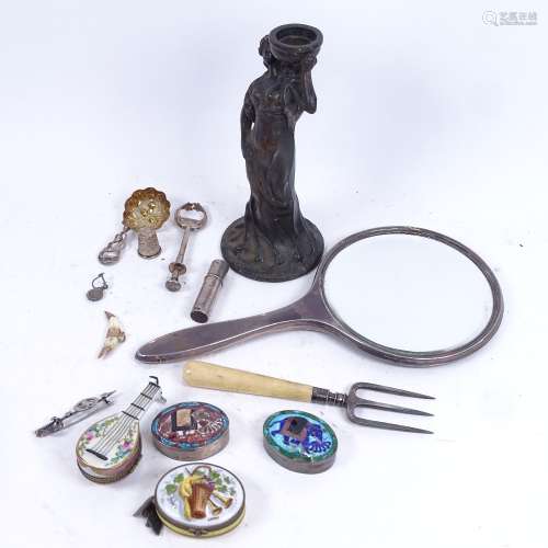 Various collectables, including silver-backed dressing table mirror, silver plated WMF pickle tongs,