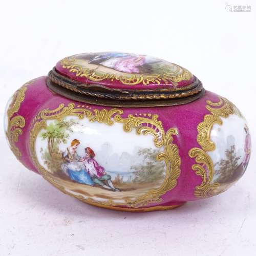 A 19th century French pink ground porcelain trinket box, figural panel lobed scenes, length 11cm (