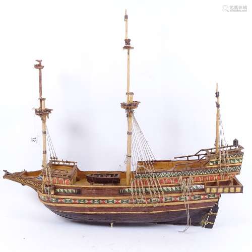 A handmade model 3-masted gun ship, length 60cm