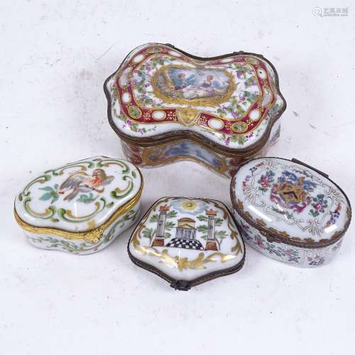 A group of ceramic trinket boxes, including French and armorial examples, largest length 9.5cm, 1