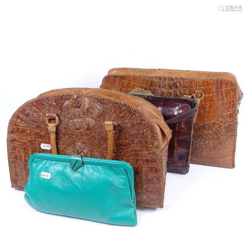 2 crocodile-skin handbags, Jane Shilton green leather clutch bag etc
