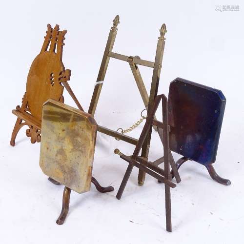 A pair of brass doll's house tilt-top tables, and 3 miniature easels, largest height 16cm (5)