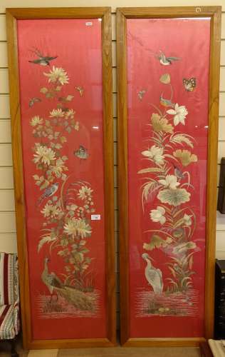 A large pair of Chinese silk embroidered panels, exotic birds, butterflies and flowers, framed,