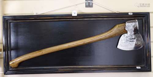 A local hand forged lopping axe, by W Tuppeny of Blackboys East Sussex, mounted on black painted