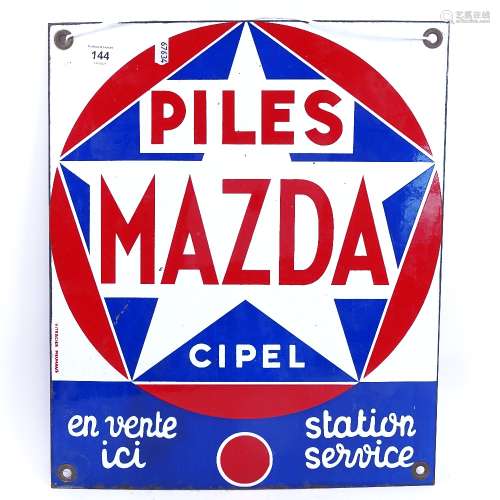A Vintage French red blue and white enamel Piles Mazda Cipel Service Station advertising sign, 41.