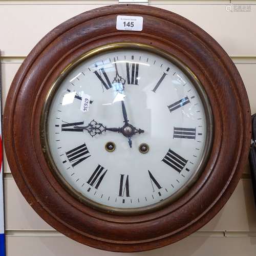 A Vintage oak-cased 8-day wall hanging clock, circular reverse painted glass dial with blued steel