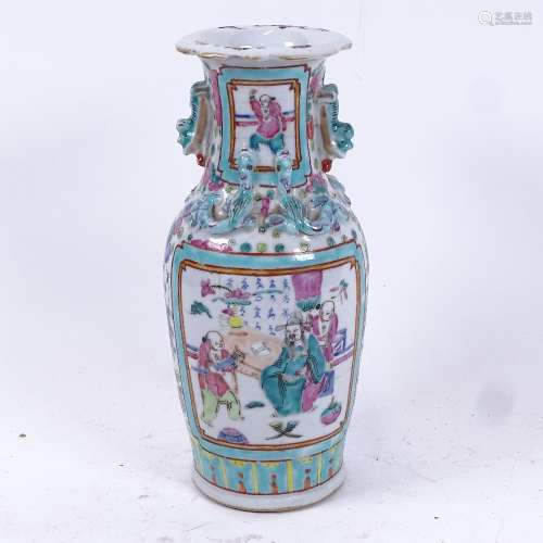 A Chinese famille verte baluster vase, figure decoration with dragon mounts, height 25cm