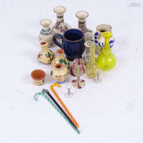 Miniature Oriental and West Country pottery vases, miniature Venetian handblown glass items etc (