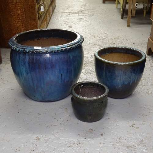 3 various glazed terracotta garden pots
