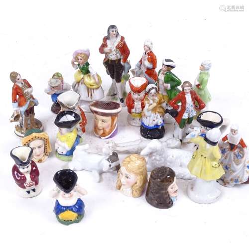 Various miniature porcelain figurines, some with gold anchor marks, and Staffordshire figural head